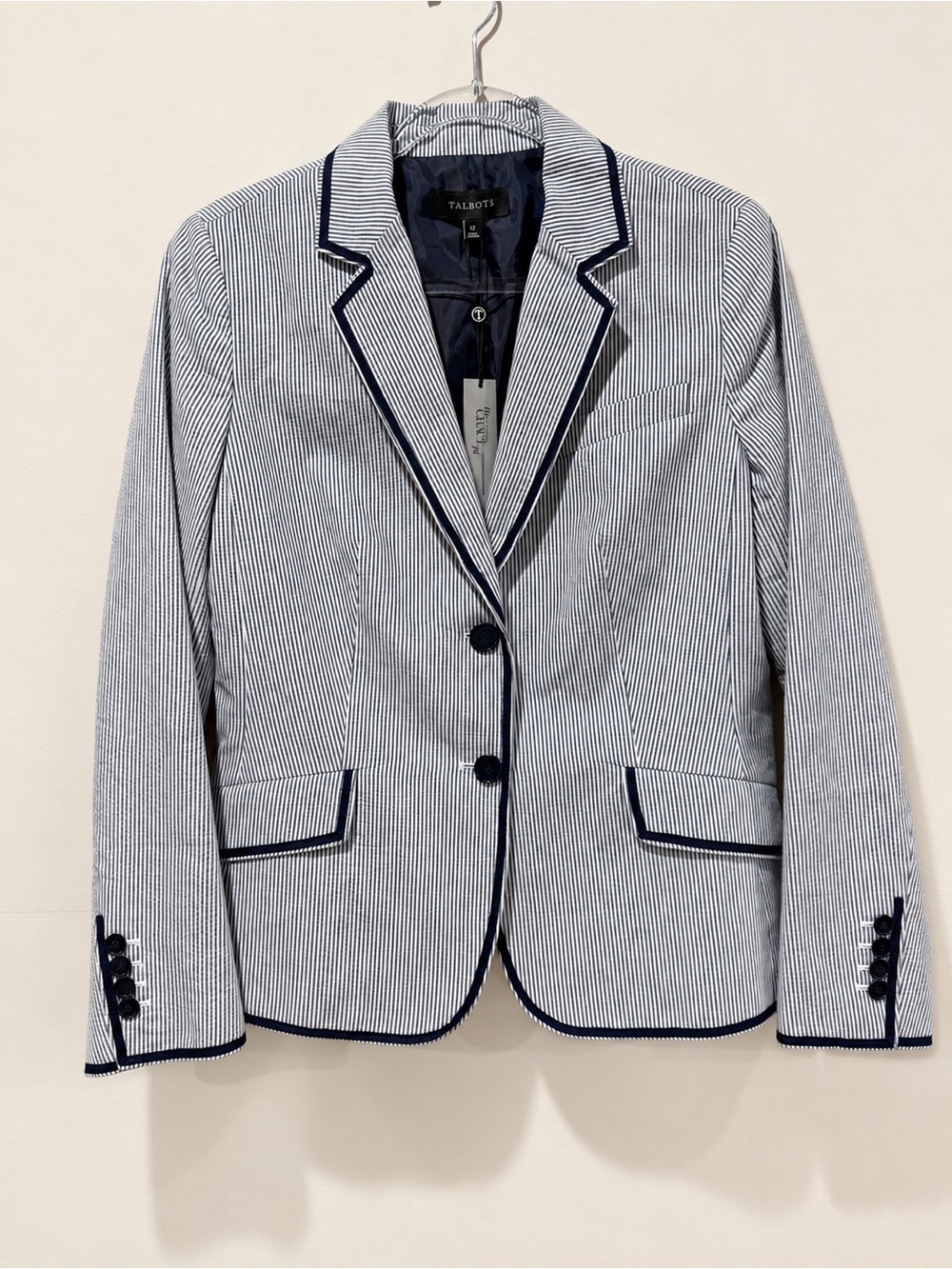 NWT Talbots Grace Fit Navy White 100% cotton Seersucker Blazer Women’s Size 12